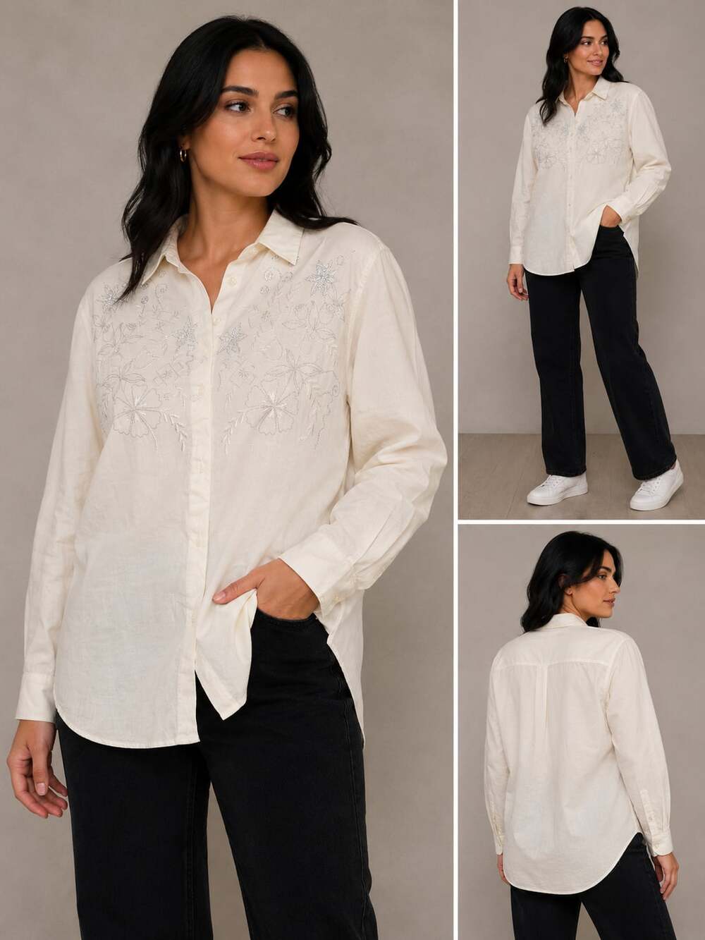 Pret Women's Cream Button-Down Long Sleeve Shirt with Metallic Floral Embroidery